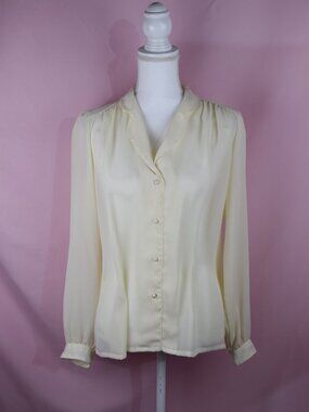 Pepper Tree Cream Silk-Look Long Sleeve Button-Front Blouse | Size 12